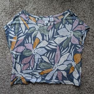 Nicole Miller New York 100% Linen Floral Short Sleeve Shirt Size M Pastels